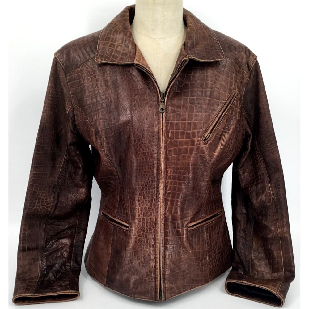 Vintage 1980s Tannery West Croc Embossed Leather Jacket L